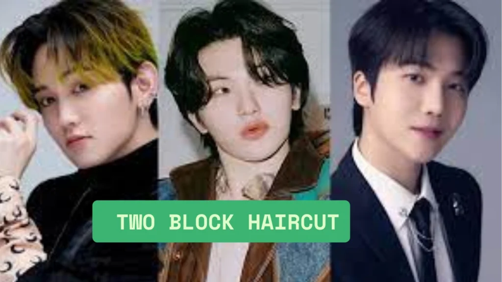 Trendy two block haircut with a long top and short faded bottom, styled with volume and texture.